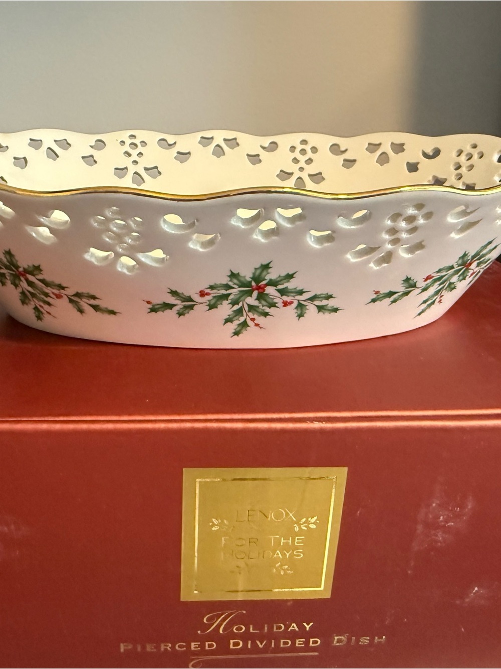 Lenox Cream Holiday Pierced Serving Bowl with Gold Trim and Holly